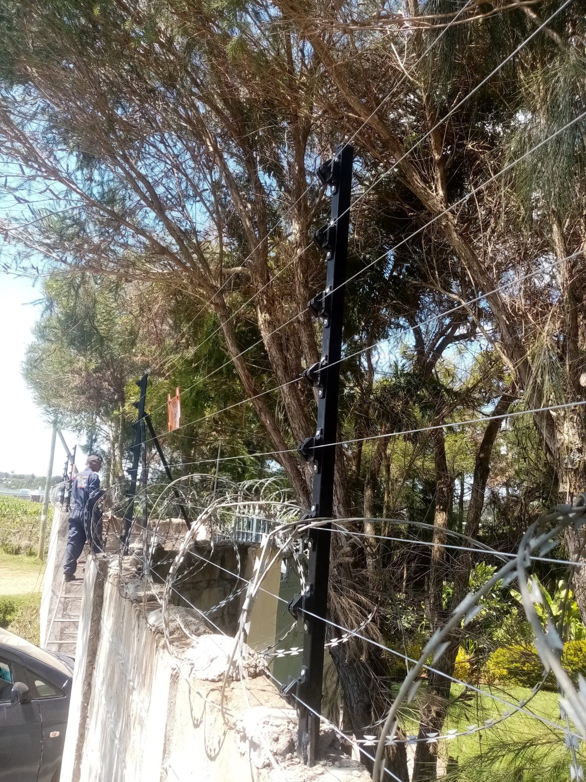 Close-up of black electric fence posts and razor wire coils along a boundary wall corner in Nanyuki